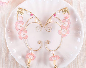 Fairy Ear Cuff Pink Flower Elf Ears Cosplay Jewelry for Fantasy Wedding Gift for Bride Elven Ear Cuff No Piercing Faerie Earring Cottagecore