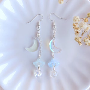 Crescent Moon Earrings - Moonstone Earrings Dangle - Lily of the Valley Earrings | Whimsical Fairy Earrings, Fairycore Jewelry | Gift Ideas