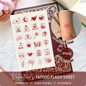 May include: A Valentine's Day tattoo flash sheet with various red hand-drawn designs, including hearts, a teddy bear, and a butterfly. The sheet is labeled "Valentine's Tattoo Flash Sheet" and includes the words "Romantic", "Hand Drawn", and "Printable".