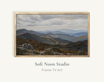 Vintage Mountain Frame TV Art, Muted Oil Painting Samsung Frame TV Autumn Landscape, Moody Dark Gray Mountain Screensaver