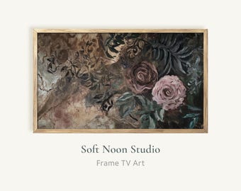 Moody Vintage Rose Rahmen TV Kunst, Antik Rosa Lila Blumen Samsung TV Hintergrundbild, Dunkles Blumen Ölgemälde, Cottagecore Decor Bildschirmschoner