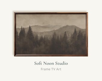 Moody Pine Hills Frame TV Art, Minimalist Sepia Landscape Screen Wallpaper, Dark Forest Painting Screensaver