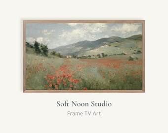 Vintage Poppy Field TV Art, Moody Impressionist Painting for Samsung Frame TV, French Countryside Landscape Screensaver