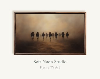 Moody Camel Caravan Frame TV Art, Minimalist Desert Dusk TV Wallpaper, Muted Tone TV Screensaver