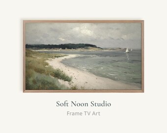 Muted Coastal Frame TV Art, Summer Beach Landscape Painting, Soft Ocean Horizon Digital Download, Neutral Pastel Sea Screen Decor