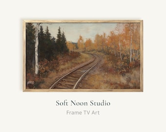 Autumn Train Track Frame TV Art, Vintage Oil Painting Samsung Frame TV, Fall Forest Landscape TV Screensaver