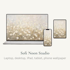 May include: A laptop, phone, and tablet display a floral wallpaper with white flowers on a beige background. The text "Soft Noon Studio" and "Laptop, desktop, iPad, tablet, phone wallpaper" are displayed below the devices.