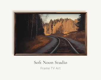 Autumn Train Track Frame TV Art, Vintage Oil Painting Samsung Frame TV, Fall Forest Landscape TV Screensaver