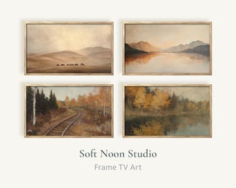Vintage Frame TV Art Bundle, Warm Earthy Samsung TV Wallpaper, Amber Tone Fall TV Screen Saver, Old Railway Autumn Lake Horse Horizon Art