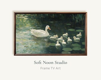 Ducks Pond Oil Painting Frame TV Art, Rustic Countryside Summer Scene Digital Download, Vintage Farmhouse Decor, Cottagecore Home Decor