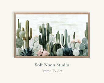 Neutral Cactus Landscape Frame TV Art, Minimalist Desert Painting Digital Download, Sage Green Cactus Landscape Screen Saver