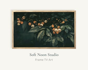 Moody Vintage Frame TV Art, Dark Botanical Canvas Oil Painting, Warm Orange Berries Samsung Frame TV Screensaver