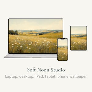 May include: A laptop, phone, and tablet display a landscape wallpaper featuring a field of wildflowers under a yellow sky. The devices are arranged on a white surface. The text "Soft Noon Studio" and "Laptop, desktop, iPad, tablet, phone wallpaper" are below the devices.