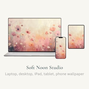 May include: A laptop, phone, and tablet display a floral wallpaper design. The wallpaper features pink and peach flowers with a soft, painterly effect. The text "Soft Noon Studio" and "Laptop, desktop, iPad, tablet, phone wallpaper" are visible.
