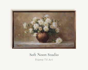 Moody White Chrysanthemums Painting for Samsung Frame TV, Vintage Floral Still Life Art, Dark Cottagecore Digital Download