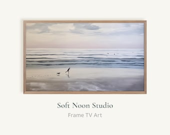 Dog Beach Walk Frame TV Art, Coastal Morning Seascape, Neutral Ocean Display, Summer Ocean Screensaver
