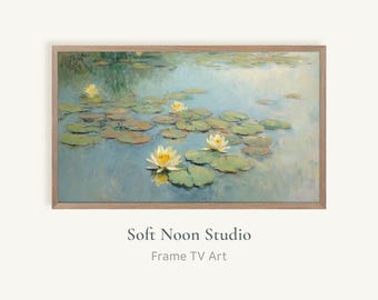 Impressionist Lily Pond Frame TV Art, Muted Water Lily Oil Painting, Green Cottage Decor