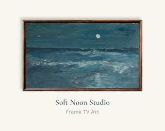 Moody Ocean Frame TV Art, Vintage Seascape Night Canvas Painting, Dark Blue Sea Samsung TV Screensaver