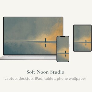 May include: A laptop, phone, tablet, and desktop display a serene landscape painting with a solitary figure. The artwork features a person standing on a reflective surface, under a cloudy sky with warm hues. The text "Soft Noon Studio" is also visible.
