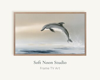 Coastal Dolphin Samsung Frame TV Art, Neutral Ocean Seascape Screensaver, Summer Beach Oil Painting TV Background, Minimalist Marine Art