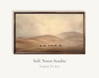 FRAME TV Art Horses Grazing in Rolling Hills, Samsung TV Art Wild Horses in Soft Beige Landscape