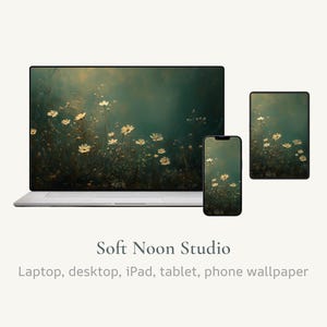 May include: A laptop, phone, and tablet display a nature-themed wallpaper featuring white flowers against a dark green and gold background. The text "Soft Noon Studio" and "Laptop, desktop, iPad, tablet, phone wallpaper" are visible.