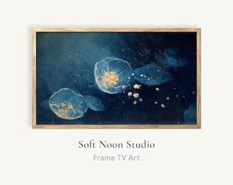 Frame TV Art Vintage Glowing Jellyfish, Moody Watercolor Deep Sea Samsung TV Screensaver, Ocean Landscape TV Background