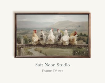 Farmhouse Chicken Frame TV Art, Rustic Country Rooster Fence Painting for Samsung TV, Cozy Kitchen Decor