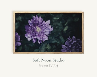 Moody Floral Frame TV Art, Rustic Cottagecore Purple Flower Samsung TV Screensaver, Dark Botanical Canvas Oil Painting