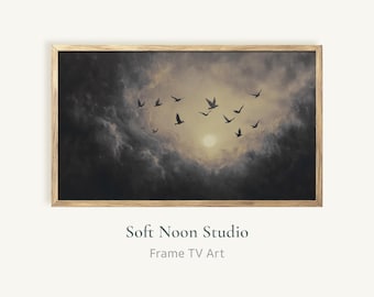 Moody Frame TV Art Birds Flying in Sunset Sky, Vintage Landscape Painting Samsung TV Display, Dark Storm Clouds Screensaver