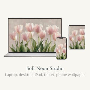 May include: A laptop, phone, and tablet display a soft, pastel floral wallpaper featuring pink tulips with green leaves. The devices are arranged against a neutral background. The text "Soft Noon Studio" and "Laptop, desktop, iPad, tablet, phone wallpaper" are below.