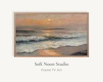 Summer Moonlight Frame TV Art, Moody Ocean Night Landscape Vintage Oil Painting, Calm Sea Glowing Moon TV Wallpaper Digital File