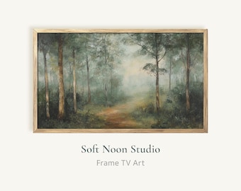 Summer Forest Frame TV Art, Moody Misty Landscape Painting Samsung Frame TV, Vintage Woodland Trail Decor