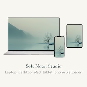 May include: A laptop, tablet, and smartphone display a serene landscape wallpaper featuring a tree by a lake and mountains. The devices are arranged on a light background. The text "Soft Noon Studio" and "Laptop, desktop, iPad, tablet, phone wallpaper" are below the devices.