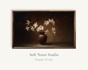Moody Lily Vase Oil Painting, Antique Sepia Still Life Samsung Frame TV, Vintage Floral TV Art, Rustic Decor
