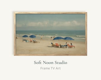Vintage Beach Frame TV Art | Impressionist Coastal Oil Painting TV Screen Wallpaper | Summer Beach Umbrellas Decor | Digital Download