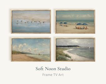 Coastal Frame TV Art Bundle, Vintage Beach Samsung TV, Soft Blue Wallpaper, Beach Umbrella Screensaver, Sandpiper Bird Background