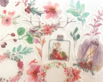 40pcs Watercolor Flower Stickers, Christmas Flower Bullet Journal Sticker Floral Planner Sticker Scrapbook Gift Decoration Envelope Seal