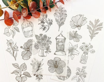 3 Sheets Black Flower Sketch Sticker, Flower Bullet Journal Sticker Planner Sticker Scrapbook Gift Decoration Envelope Seal