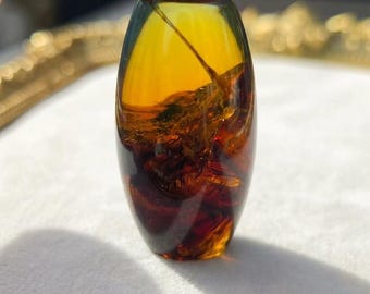 Natural Burmese Amber Barrel Bead with Botanical Inclusion, Scenic Focal Bead, Uncut Loose Gemstone for Jewelry Making, Unique Pocket Stone