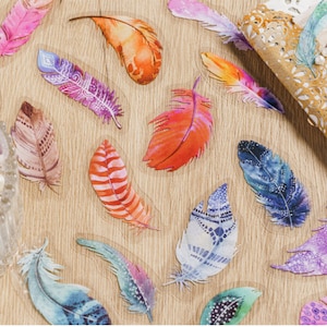 40pcs Colorful Feather Stickers, Transparent Feather Bullet Journal Sticker, Feather Planner Sticker Feather Scrapbook Craft Envelope Seal