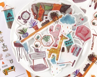 38pcs My Room Stickers, Plant Furniture Clock Book Sofa Lamp Bullet Journal Sticker, Sweet Life Planner Sticker, Scrapbook, Envelope Seal