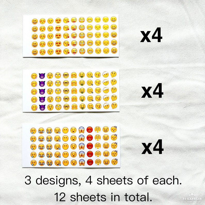 May include: Three sheets of emoji stickers with different designs. Each sheet has a grid of 36 emojis. The text "x4" is written next to each sheet, indicating that there are four sheets of each design. The text "3 designs, 4 sheets of each. 12 sheets in total." is written below the sheets.