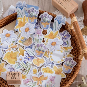 46 pcs fleurs bleues et jaunes autocollantes, fleurs autocollants de journal, agenda floral autocollant, scrapbooking, décoration cadeau, enveloppe scellée