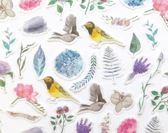 40pcs Watercolor Bird and Flower Stickers, Bird Bullet Journal Sticker, Flower Planner Sticker, Scrapbook, Gift Decoration, Envelope Seal