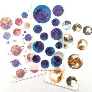 3 vellen Galaxy-stickers, Planetf Bullet Journal-sticker, Space Galaxy plannersticker, maan plakboek, cadeaudecoratie, envelopzegel