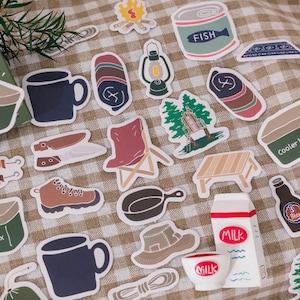 44 peças de adesivos de acampamento, adesivo de diário de piquenique, adesivo de planejador de acampamento, álbum de recortes de acampamento, decoração de presente, selo de envelope