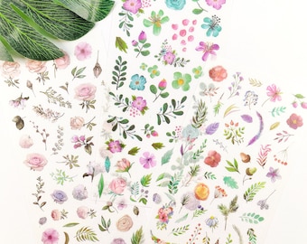 3 Sheets Watercolor Flower and Leaf Sticker, Colorful Flower Bullet Journal Sticker Planner Sticker Scrapbook Gift Decoration Envelope Seal