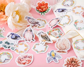 46pcs Bird and Flower Wreath Stickers, Floral Wreath Bullet Journal Stickers, Bird Planner Sticker Scrapbook Gift Decoration Envelope Seal