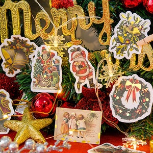 24 stuks vintage kerststickers, goudfolie retro kerst Bullet Journal sticker, planner sticker plakboek sticker envelop zegel